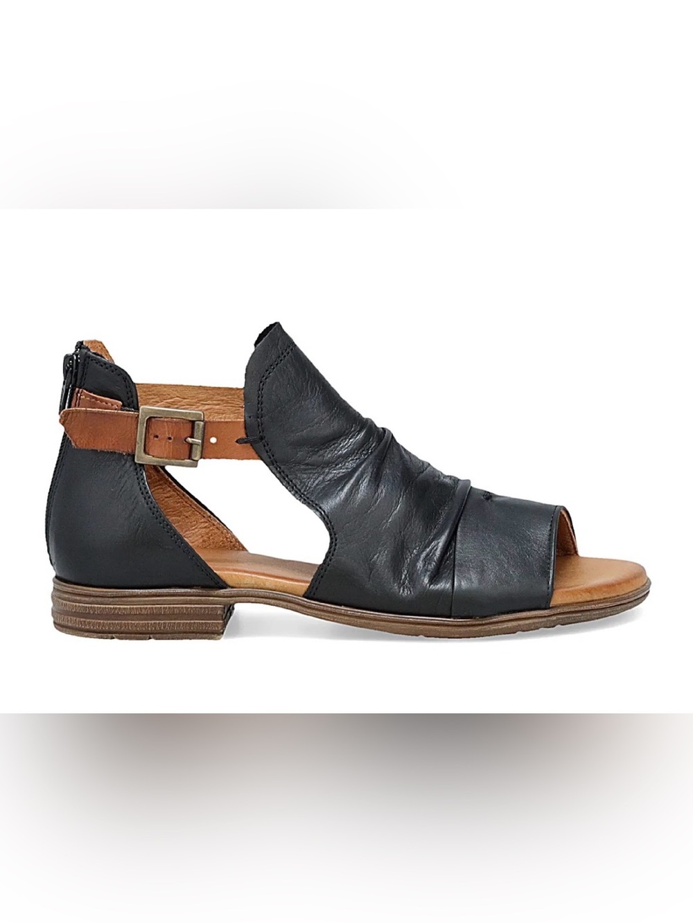 Miz Mooz Dipper Sandals Black & Brown Leather Euro 39 Boho Zip Back Peep Toe